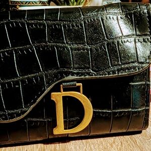 Dior Black Croc-Embossed Clutch with Gold Detail